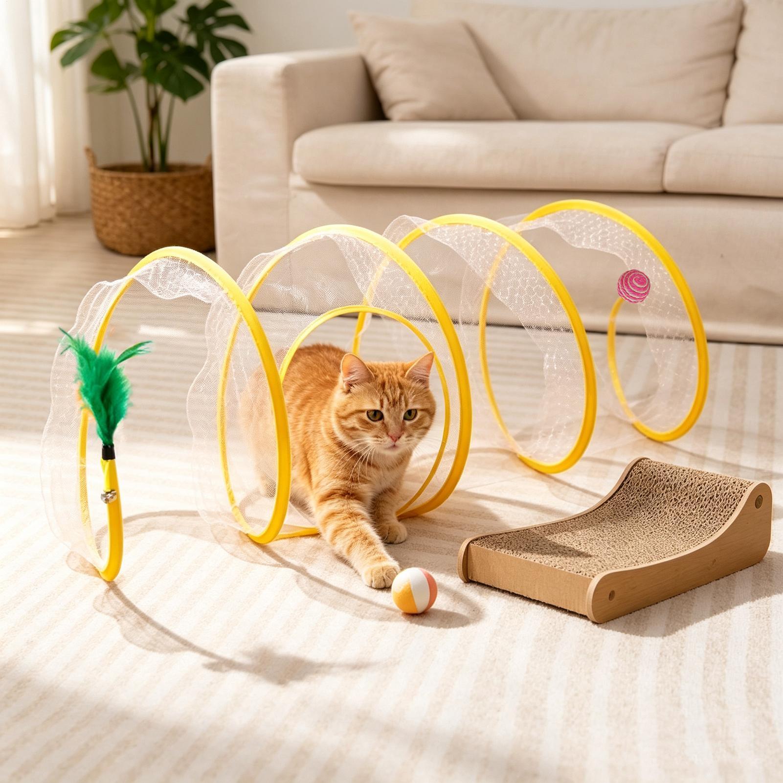 Cat Tunnel Toy - ของเล่นแมวแบบอุโมงค์เกลียว พับเก็บได้ พกพาสะดวก ช่วยกระตุ้นการเล่น ฝึกการล่า และลดความเบื่อสำหรับลูกแมว